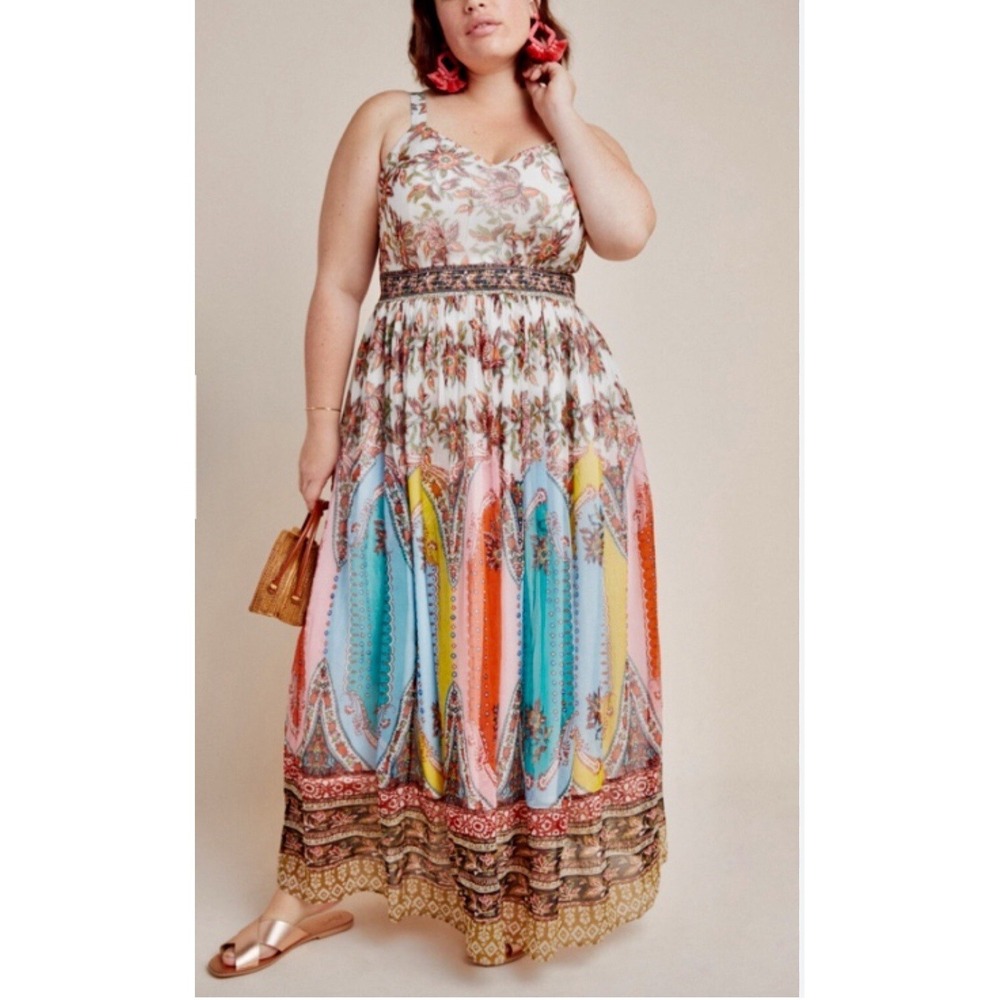 Anthropologie Virginia‎ Colorful Paisley Print Vibrant Chiffon Maxi Dress Sz 10